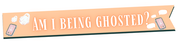A peach-colored banner with the text Am I Being Ghosted? featuring ghost icons, two smartphones with unread messages, speech bubbles, and a nod to being ghosted by a friend—perfect for Bestie Book Club discussions.