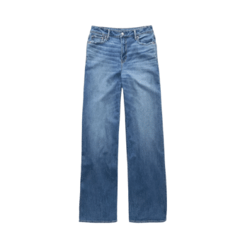 A pair of classic blue straight-leg jeans with a high waist, front and back pockets, and a button and zipper closure—perfect for summer fashion inspired by The Summer I Turned Pretty outfits, displayed on a white background.